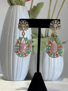 Pastel Multicolor CZ Gold Tone Teardrop Earrings Pakistani Indian Jewelry