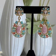Pastel Multicolor CZ Gold Tone Teardrop Earrings Pakistani Indian Jewelry