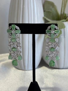 Green CZ Silver Tone Chandelier Drop Earrings Pakistani Indian Jewelry