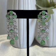 Green CZ Silver Tone Chandelier Drop Earrings Pakistani Indian Jewelry