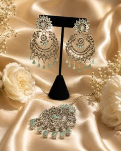 Mint Green Crystal Chandbali Earrings and Tikka