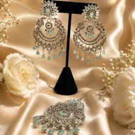 Mint Green Crystal Chandbali Earrings and Tikka