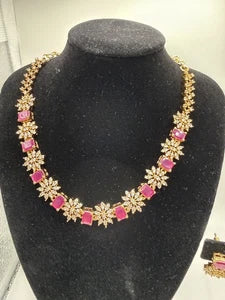 Elegant Pink Crystal Necklace & Earrings Set