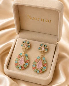 Pastel Multicolor CZ Gold Tone Teardrop Earrings Pakistani Indian Jewelry