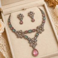 Vintage Inspired Pink- Green Crystal Jewelry Set – Statement Necklace & Earrings