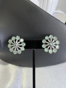 Mint Green CZ Floral Stud Earrings Silver Tone Pakistani Jewelry