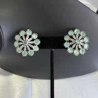 Mint Green CZ Floral Stud Earrings Silver Tone Pakistani Jewelry