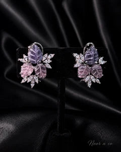 Lavender Pink Leaf CZ Stud Earrings Silver Tone Floral Statement Jewelry