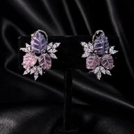 Lavender Pink Leaf CZ Stud Earrings Silver Tone Floral Statement Jewelry