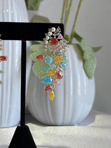 Multicolor Pearl CZ Gold Tone Drop Earrings Pakistani Indian Statement Jewelry