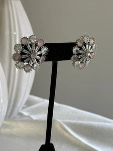 Blush Pink CZ Floral Stud Earrings Silver Tone Party Jewelry