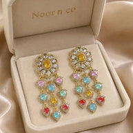 Multicolor Heart CZ Gold Tone Chandelier Earrings Pakistani Indian Jewelry