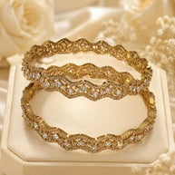 Gold Tone American Diamond Bangles Set Size 2.10 Elegant Wavy Crystal Design