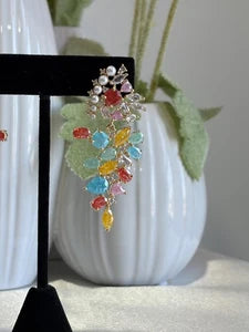 Multicolor Pearl CZ Gold Tone Drop Earrings Pakistani Indian Statement Jewelry