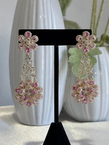 Pink Floral CZ Gold Tone Chandelier Earrings Pakistani Indian Bridal Jewelry