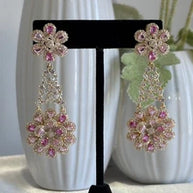 Pink Floral CZ Gold Tone Chandelier Earrings Pakistani Indian Bridal Jewelry