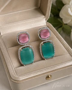 Pink Teal CZ Drop Earrings Silver Tone Statement Fashion Jewelry