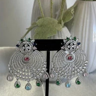 Multicolor CZ Chandbali Earrings Silver Tone Pakistani Indian Jewelry