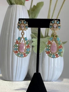 Pastel Multicolor CZ Gold Tone Teardrop Earrings Pakistani Indian Jewelry