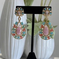 Pastel Multicolor CZ Gold Tone Teardrop Earrings Pakistani Indian Jewelry