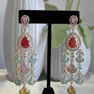 Multicolor CZ Gold Tone Chandelier Earrings Pakistani Indian Bridal Jewelry