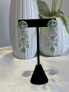 Green CZ Silver Tone Chandelier Drop Earrings Pakistani Indian Jewelry