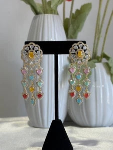 Multicolor Heart CZ Gold Tone Chandelier Earrings Pakistani Indian Jewelry