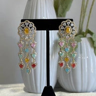 Multicolor Heart CZ Gold Tone Chandelier Earrings Pakistani Indian Jewelry