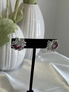 Magenta Pink & Black CZ Floral Stud Earrings Silver Tone Party Jewelry