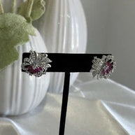 Magenta Pink & Black CZ Floral Stud Earrings Silver Tone Party Jewelry