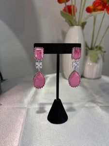 Pink CZ Silver Tone Drop Earrings Indian Pakistani Statement Jewelry