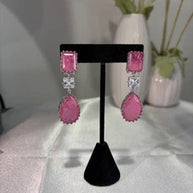 Pink CZ Silver Tone Drop Earrings Indian Pakistani Statement Jewelry