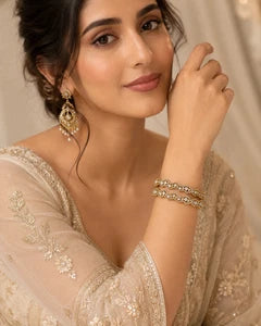Gold Tone American Diamond Bangles Set Size 2.10 Elegant Wavy Crystal Design