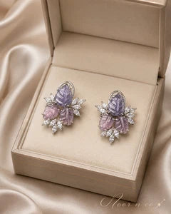 Lavender Pink Leaf CZ Stud Earrings Silver Tone Floral Statement Jewelry