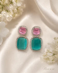 Pink Teal CZ Drop Earrings Silver Tone Statement Fashion Jewelry