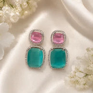 Pink Teal CZ Drop Earrings Silver Tone Statement Fashion Jewelry