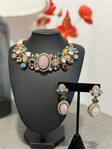 Sabyasachi Inspired Necklace Earrings Set | Pink Stone Multicolor Gem Bridal Jew