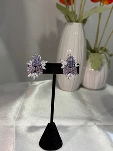 Lavender Pink Leaf CZ Stud Earrings Silver Tone Floral Statement Jewelry