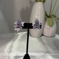 Lavender Pink Leaf CZ Stud Earrings Silver Tone Floral Statement Jewelry