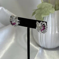 Magenta Pink & Black CZ Floral Stud Earrings Silver Tone Party Jewelry