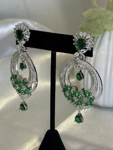 Emerald Green CZ Chandbali Earrings Silver Tone Pakistani Jewelry