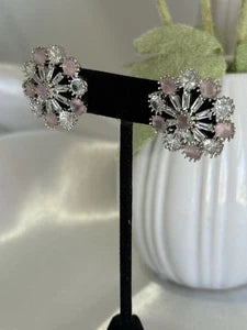 Blush Pink CZ Floral Stud Earrings Silver Tone Party Jewelry