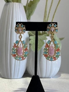 Pastel Multicolor CZ Gold Tone Teardrop Earrings Pakistani Indian Jewelry