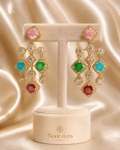 Multicolor CZ Gold Tone Chandelier Earrings Pakistani Indian Statement Jewelry