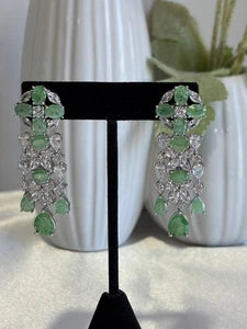 Green CZ Silver Tone Chandelier Drop Earrings Pakistani Indian Jewelry