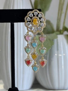 Multicolor Heart CZ Gold Tone Chandelier Earrings Pakistani Indian Jewelry