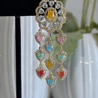 Multicolor Heart CZ Gold Tone Chandelier Earrings Pakistani Indian Jewelry