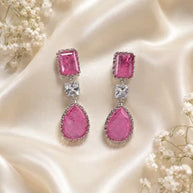 Pink CZ Silver Tone Drop Earrings Indian Pakistani Statement Jewelry