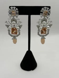 Champagne Crystal Pearl Statement Earrings – Luxury Bridal Drop Earrings