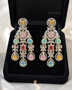 Multicolor CZ Gold Tone Chandelier Earrings Pakistani Indian Bridal Jewelry